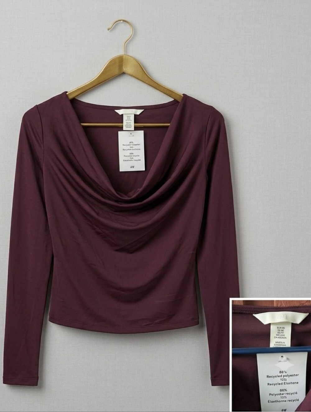 Draped Cowl Neck Long Sleeve Top - Deep Plum